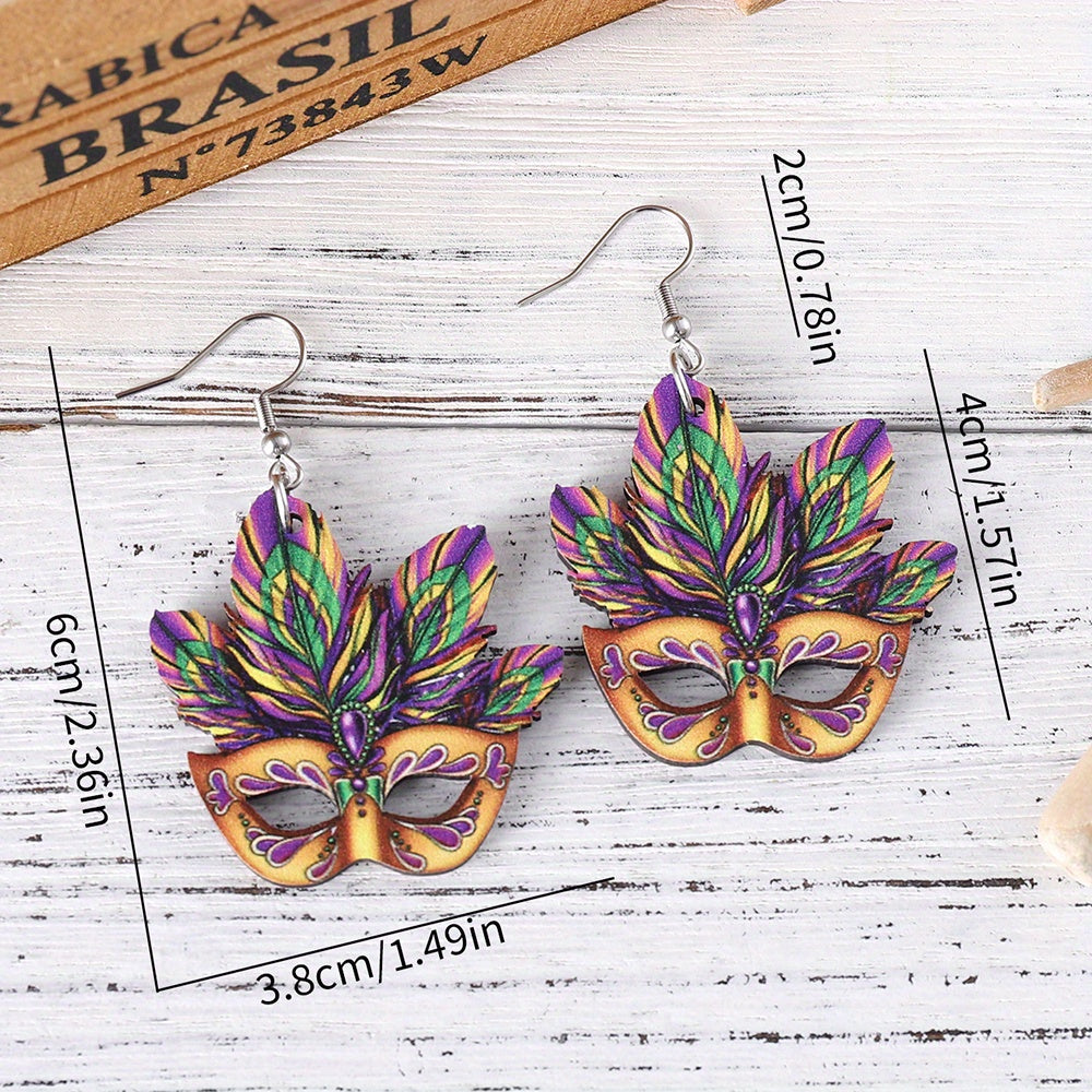 Mardi Gras máscara diseño cuelgan Pendientes partido estilo de dibujos animados joyería madera carnaval oído femenino Adornos