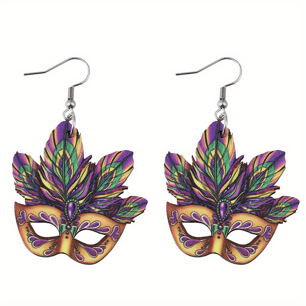 Mardi Gras Mask Design Dangle Earrings Party Cartoon Style Wooden Jewelry Carnival Female Ear Ornaments