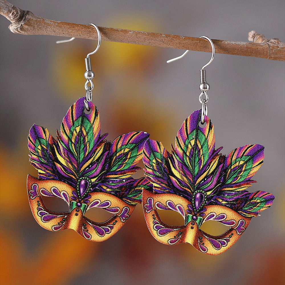 Mardi Gras Mask Design Dangle Earrings Party Cartoon Style Wooden Jewelry Carnival Female Ear Ornaments