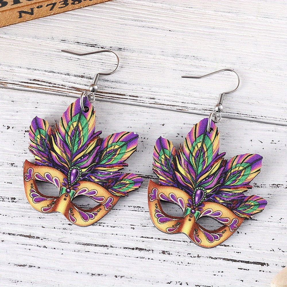 Mardi Gras Masque Conception Dangle Boucles D'oreilles Partie Dessin Animé Style En Bois Bijoux Carnaval Femme Oreille Ornements