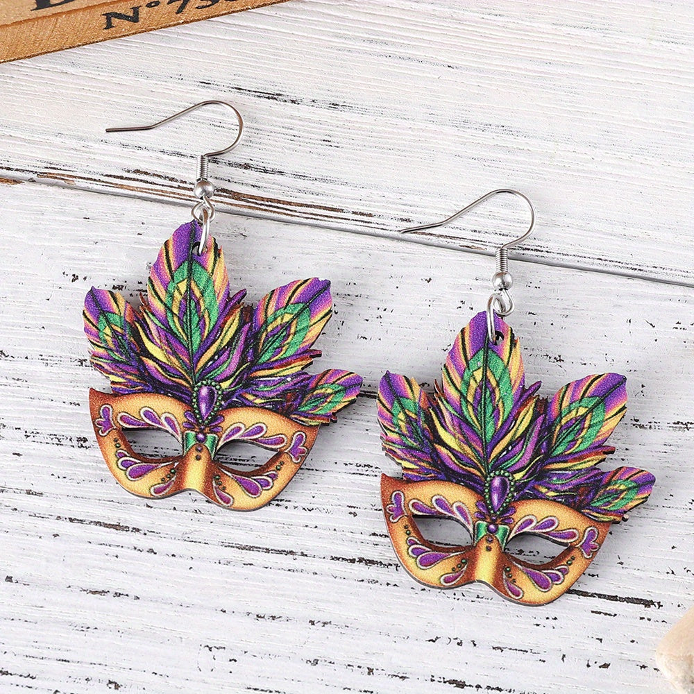 Mardi Gras Mask Design Dangle Earrings Party Cartoon Style Wooden Jewelry Carnival Female Ear Ornaments