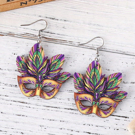 Mardi Gras máscara diseño cuelgan Pendientes partido estilo de dibujos animados joyería madera carnaval oído femenino Adornos