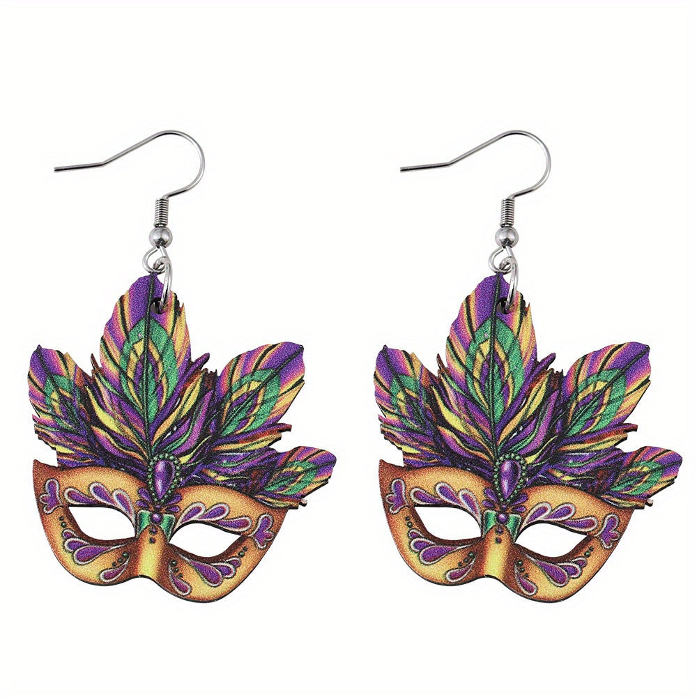 Mardi Gras Mask Design Dangle Earrings Party Style Wooden Jewelry Carnival Female Ear Ornaments