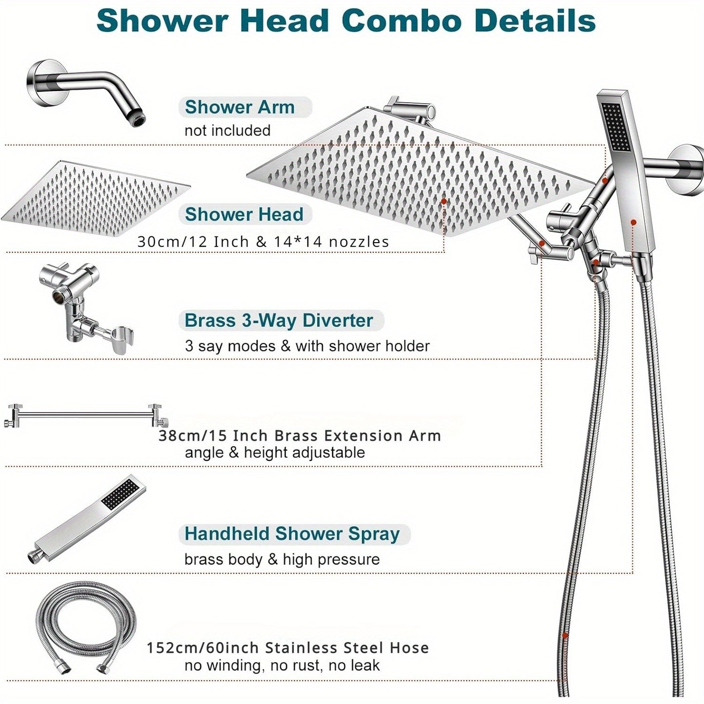 1 juego de cabezal de ducha, combo de cabezal de 12 pulgadas, ducha de lluvia cuadrada doble con cabezal de ducha de mano, brazo de extensión ajustable de latón de 15 pulgadas y desviador combinado de 3 vías, accesorios de baño