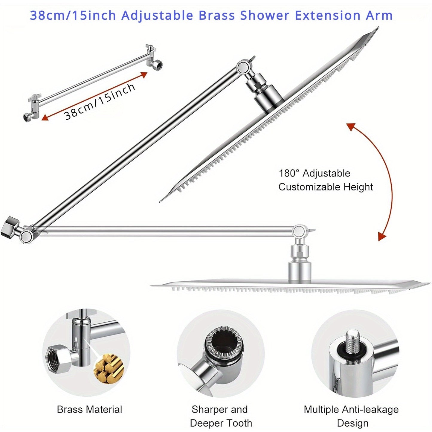 1 juego de cabezal de ducha, combo de cabezal de 12 pulgadas, ducha de lluvia cuadrada doble con cabezal de ducha de mano, brazo de extensión ajustable de latón de 15 pulgadas y desviador combinado de 3 vías, accesorios de baño