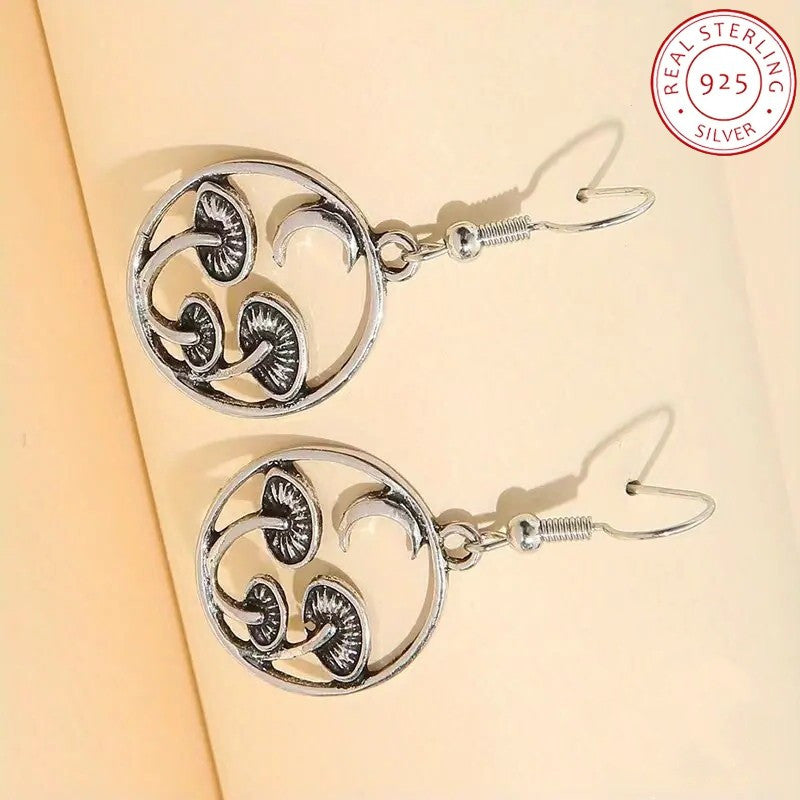 925 Sterling Silver Dangle Earrings Retro Mushroom & Moon Design Match Daily Outfits Party Accessories High Quality Jewelry