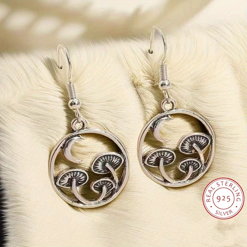 925 Sterling Silver Dangle Earrings Retro Mushroom & Moon Design Match Daily Outfits Party Accessories High Quality Jewelry