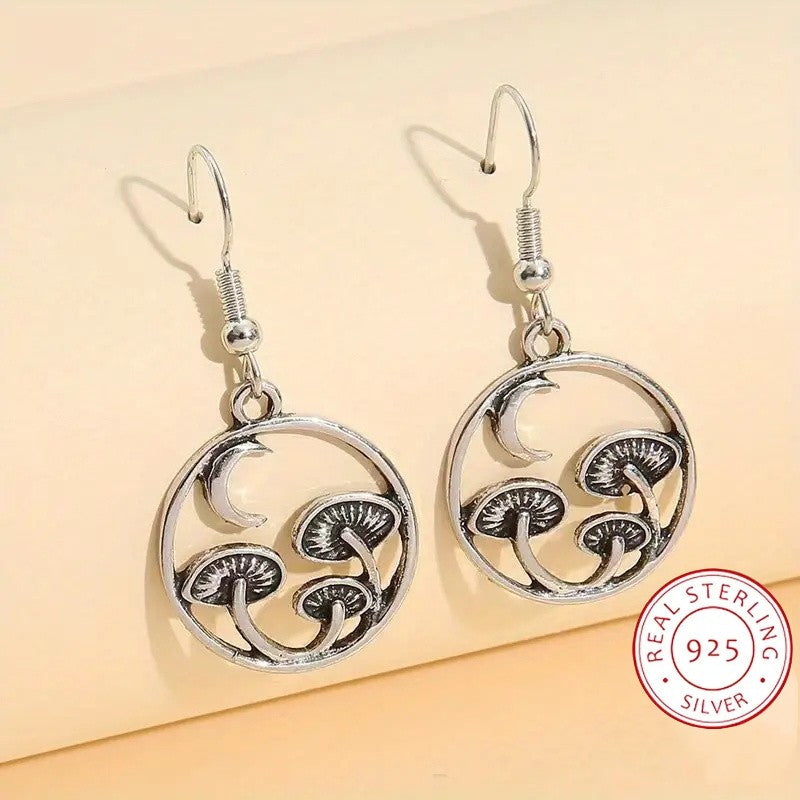 925 Sterling Silver Dangle Earrings Retro Mushroom & Moon Design Match Daily Outfits Party Accessories High Quality Jewelry