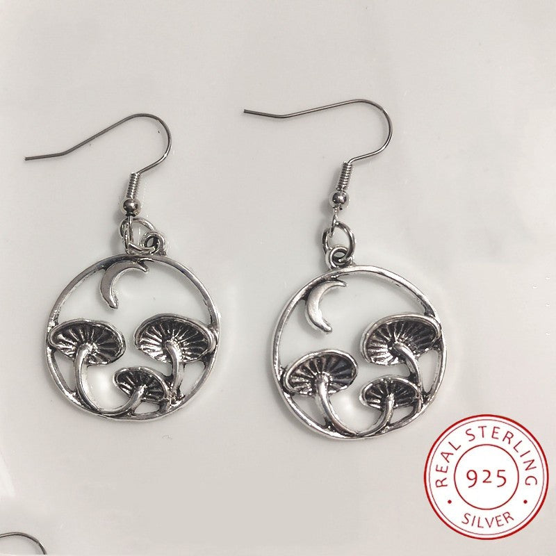 925 Sterling Silver Dangle Earrings Retro Mushroom & Moon Design Match Daily Outfits Party Accessories High Quality Jewelry