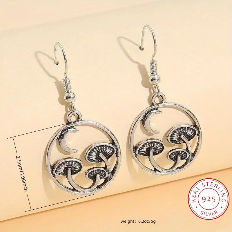 925 Sterling Silver Dangle Earrings Retro Mushroom & Moon Design Match Daily Outfits Party Accessories High Quality Jewelry