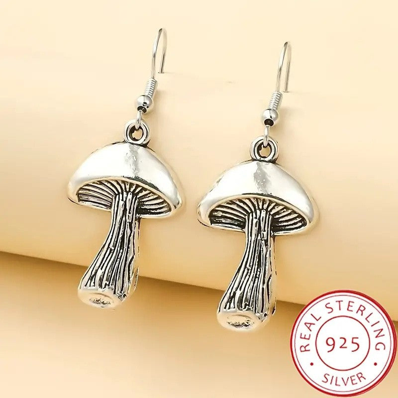 925 Sterling Silver Dangle Earrings Retro Mushroom Design Match Daily Outfits Party Accessories High Quality Jewelry