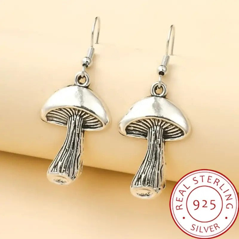 925 Sterling Silver Dangle Earrings Retro Mushroom Design Match Daily Outfits Party Accessories High Quality Jewelry