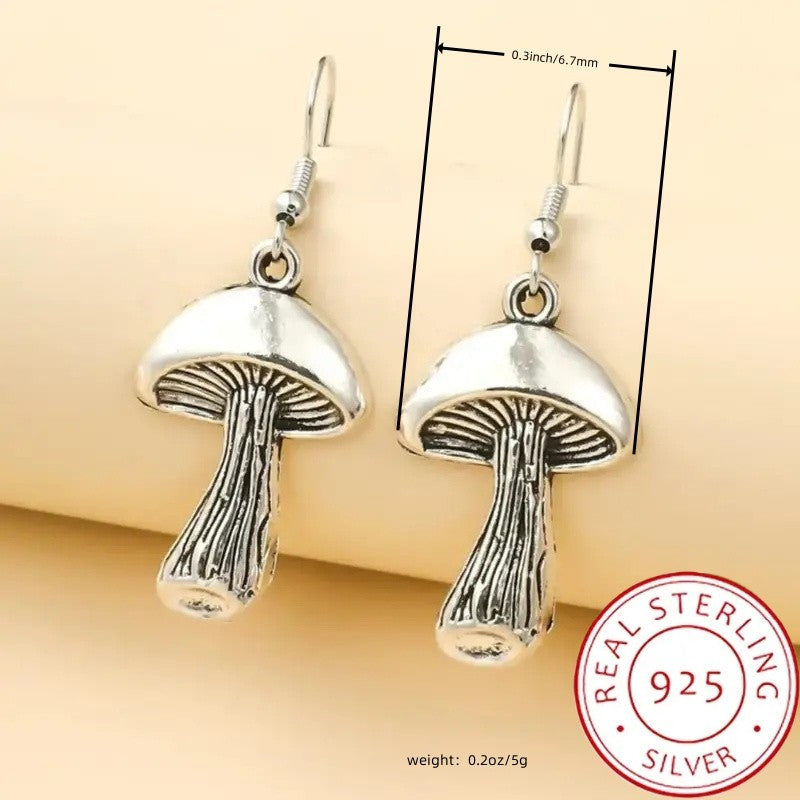 925 Sterling Silver Dangle Earrings Retro Mushroom Design Match Daily Outfits Party Accessories High Quality Jewelry