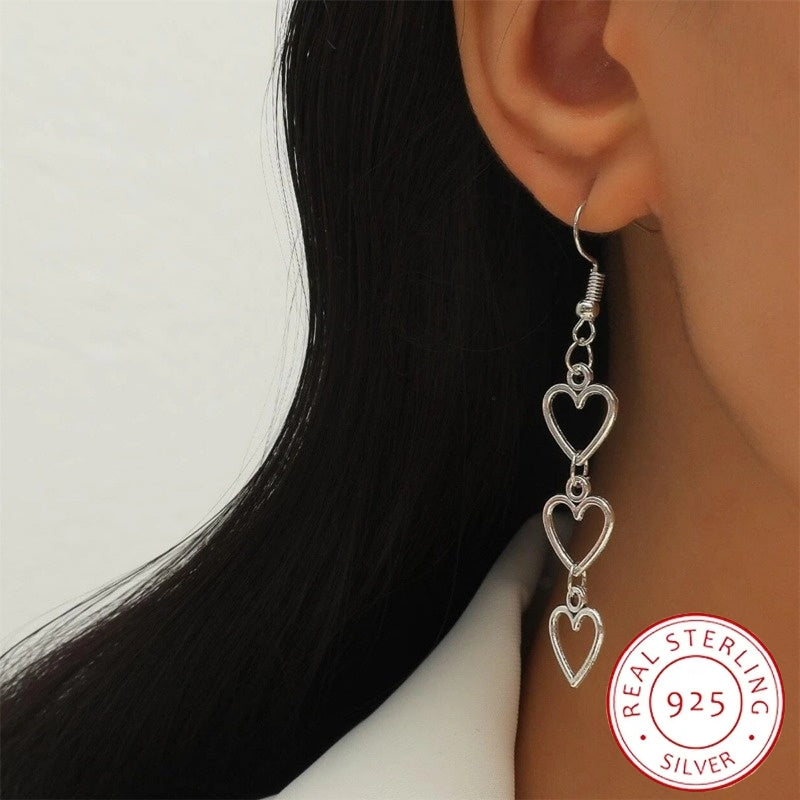 925 Sterling Silver Dangle Earrings Triple Heart Design Match Daily Outfits Party Accessories High Quality Jewelry Sweet Decor For Female