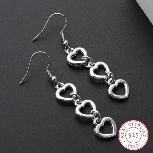 925 Sterling Silver Dangle Earrings Triple Heart Design Match Daily Outfits Party Accessories High Quality Jewelry Sweet Decor For Female