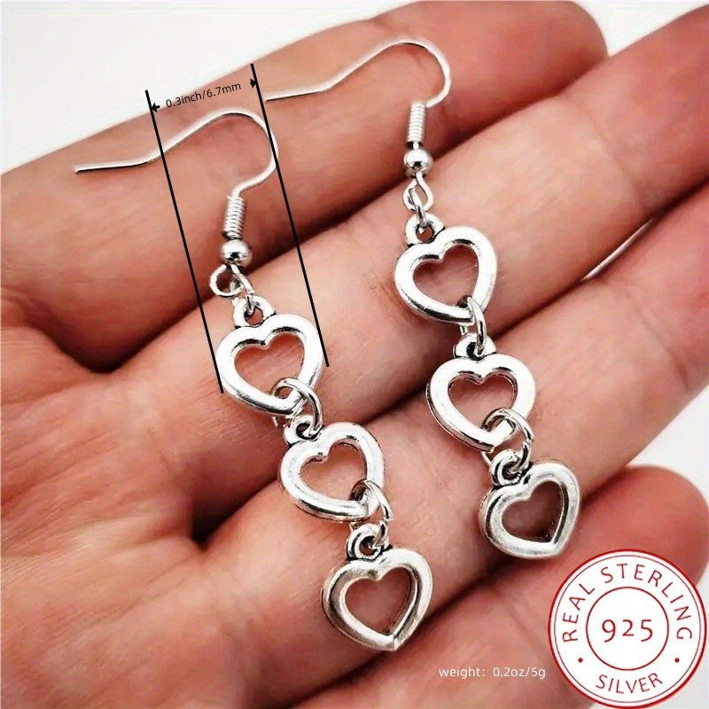 925 Sterling Silver Dangle Earrings Triple Heart Design Match Daily Outfits Party Accessories High Quality Jewelry Sweet Decor For Female