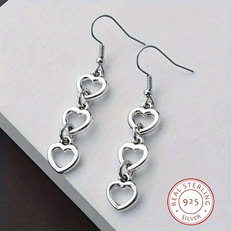 925 Sterling Silver Dangle Earrings Triple Heart Design Match Daily Outfits Party Accessories High Quality Jewelry Sweet Decor For Female