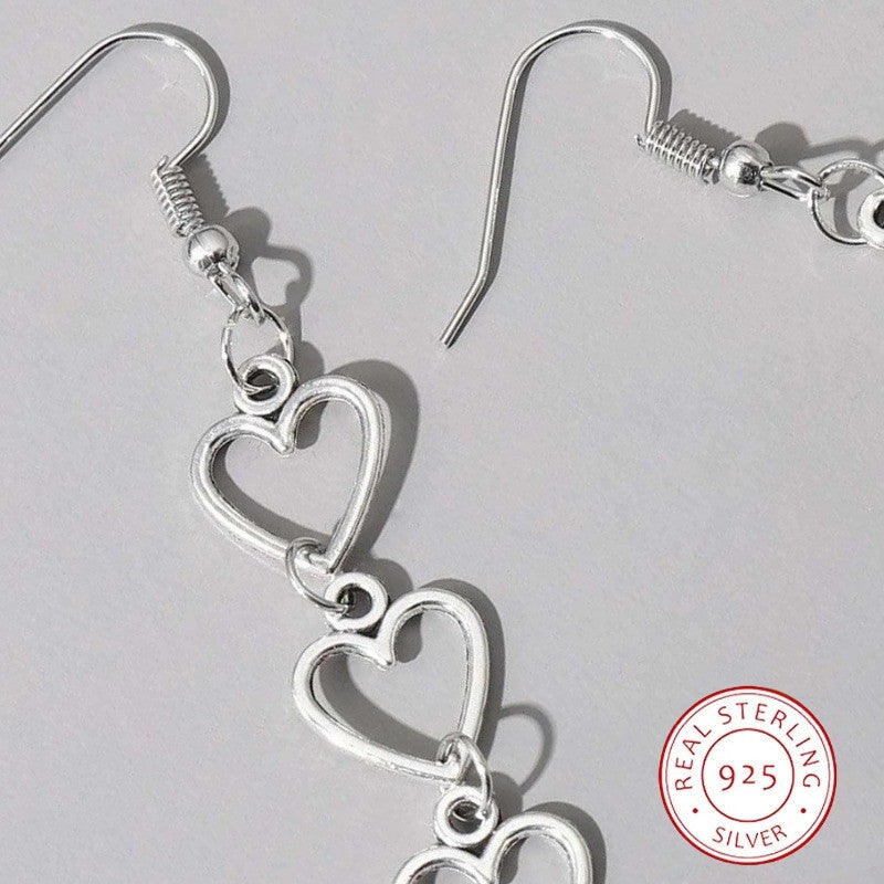 925 Sterling Silver Dangle Earrings Triple Heart Design Match Daily Outfits Party Accessories High Quality Jewelry Sweet Decor For Female