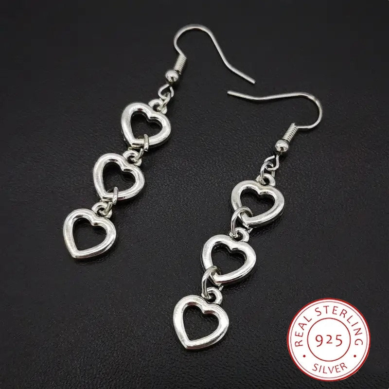 925 Sterling Silver Dangle Earrings Triple Heart Design Match Daily Outfits Party Accessories High Quality Jewelry Sweet Decor For Female