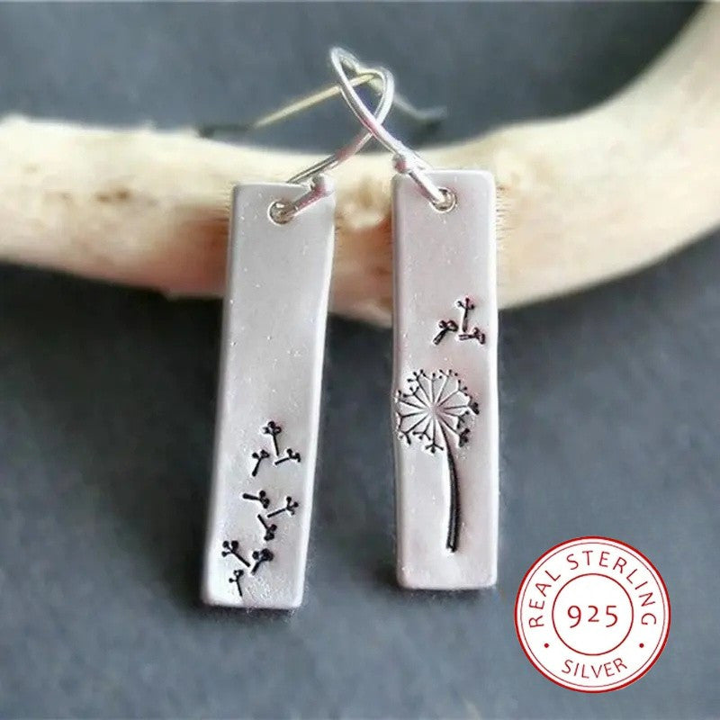 925 Sterling Silver Dangle Earrings Retro Rectangular Design Dandelion Carving Match Daily Outfits Party Decor High Quality Jewelry