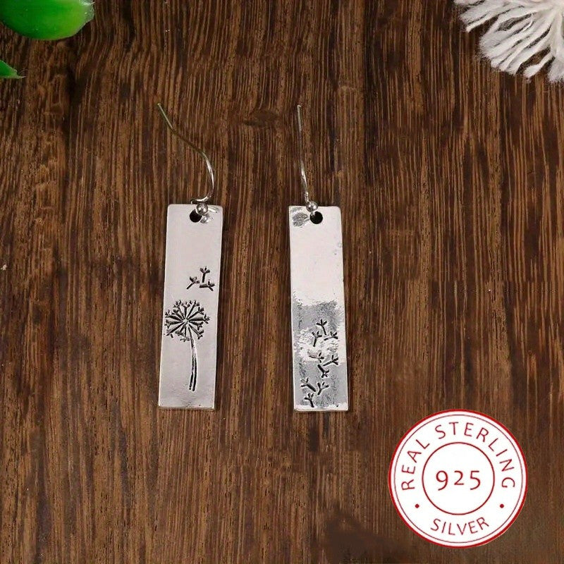 925 Sterling Silver Dangle Earrings Retro Rectangular Design Dandelion Carving Match Daily Outfits Party Decor High Quality Jewelry