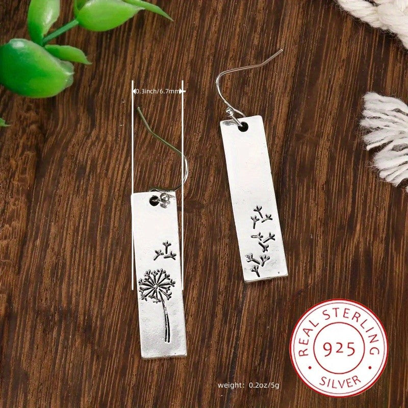 925 Sterling Silver Dangle Earrings Retro Rectangular Design Dandelion Carving Match Daily Outfits Party Decor High Quality Jewelry