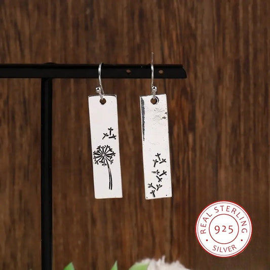 925 Sterling Silver Dangle Earrings Retro Rectangular Design Dandelion Carving Match Daily Outfits Party Decor High Quality Jewelry