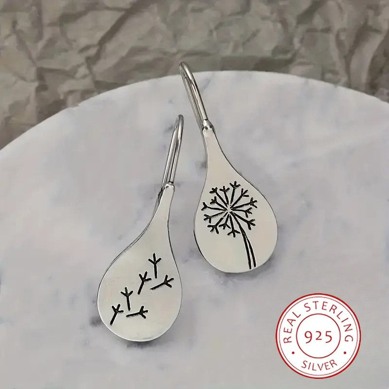 925 Sterling Silver Dangle Earrings Retro Dandelion Carving Match Daily Outfits Party Accessories High Quality Jewelry