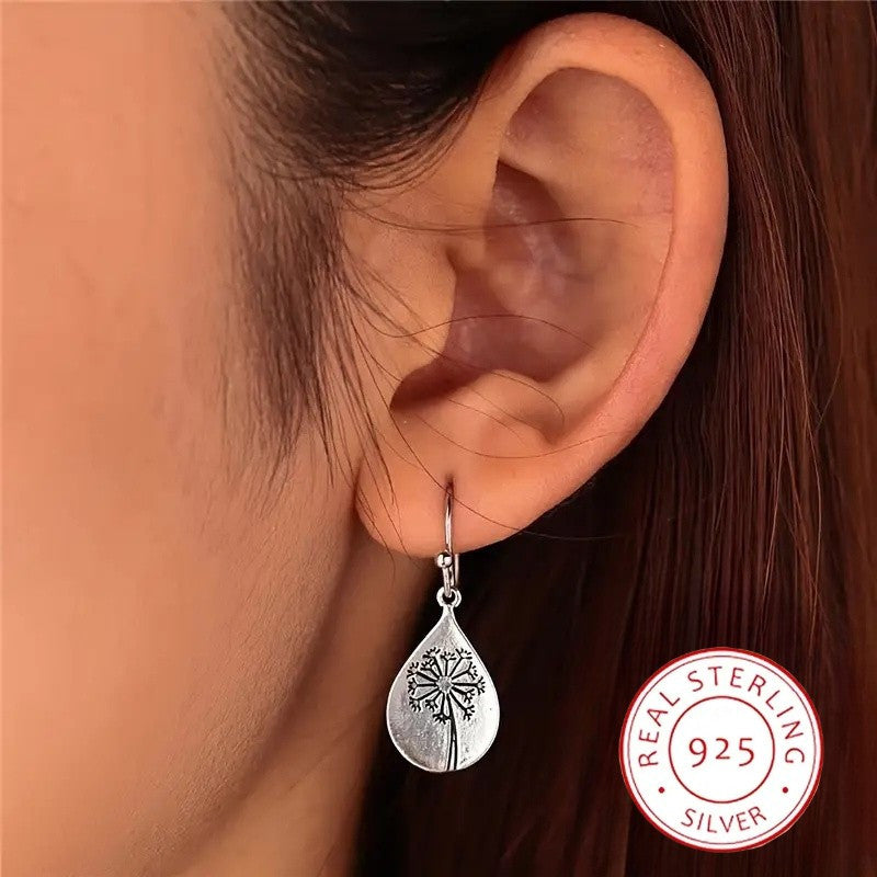 925 Sterling Silver Dangle Earrings Retro Dandelion Carving Match Daily Outfits Party Accessories High Quality Jewelry