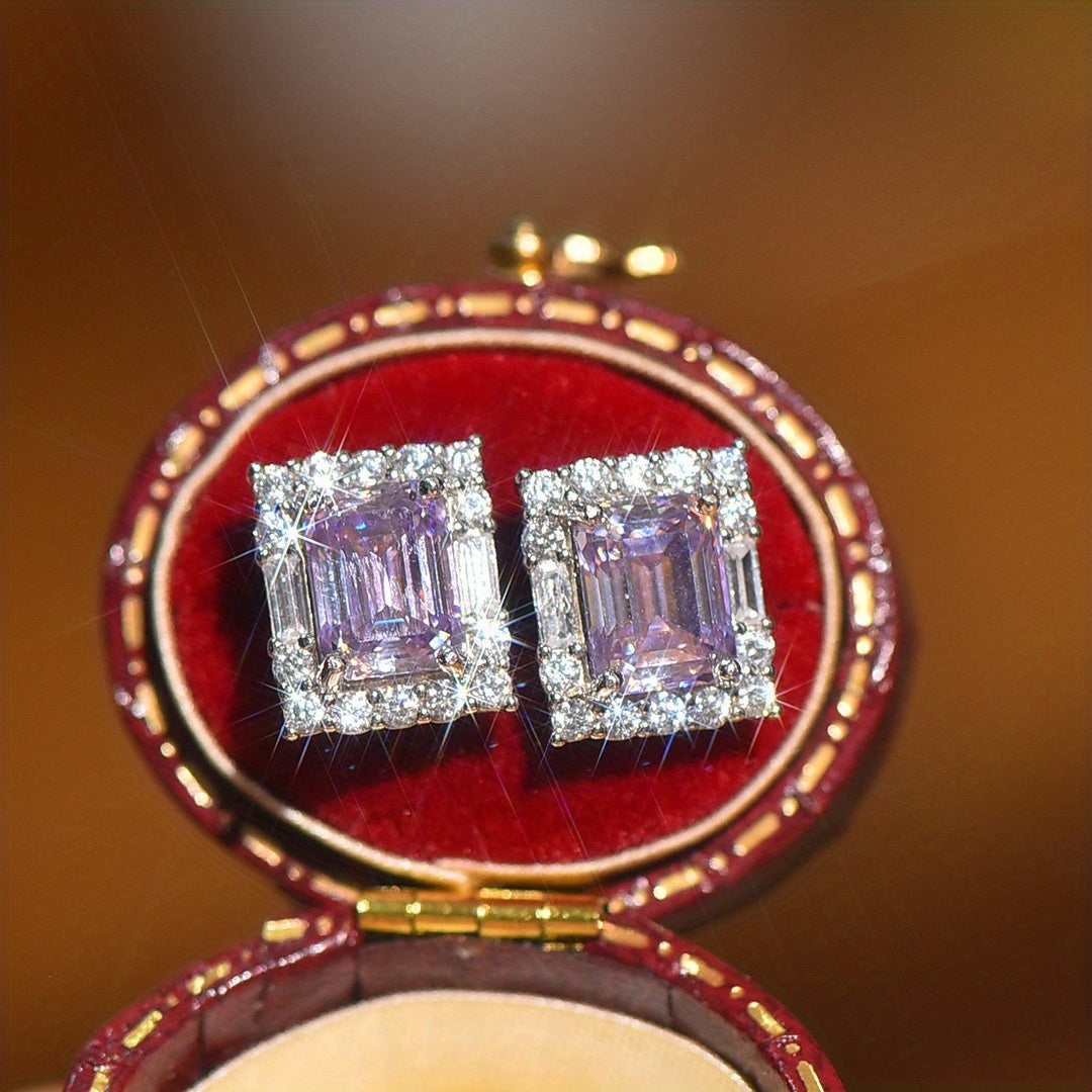 1pair S925 2 CT Purple Moissanite Square Stud Earrings, Elegant Holiday Party Gift