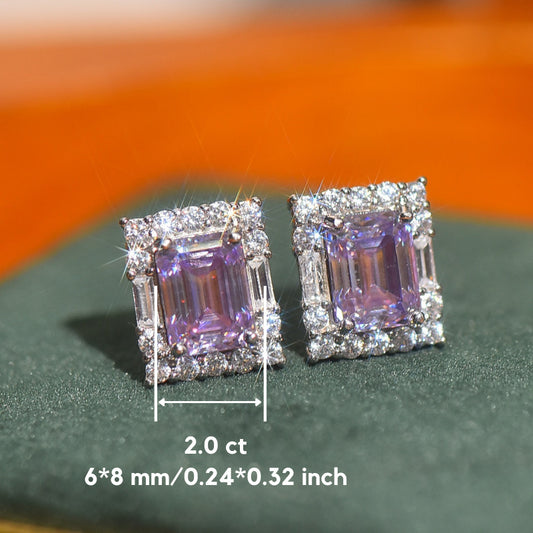 1pair S925 2 CT Purple Moissanite Square Stud Earrings, Elegant Holiday Party Gift