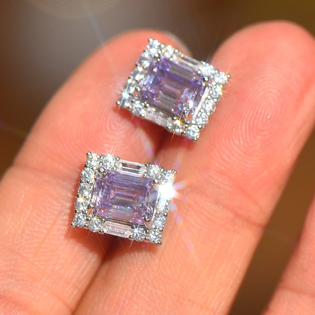 1pair S925 2 CT Purple Moissanite Square Stud Earrings, Elegant Holiday Party Gift