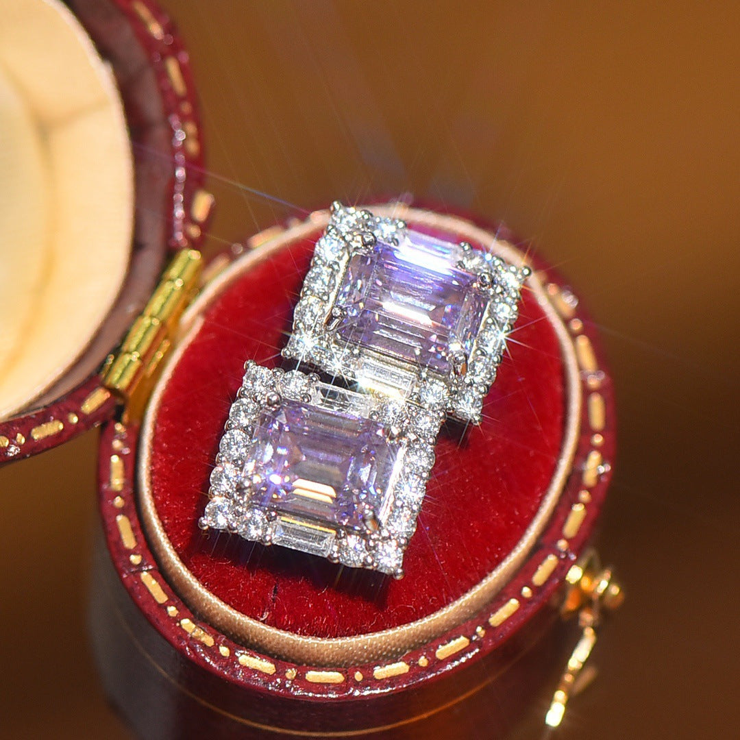 1 par S925 2 CT Roxo Moissanite Brincos Quadrados, Elegante Presente de Festa de Natal