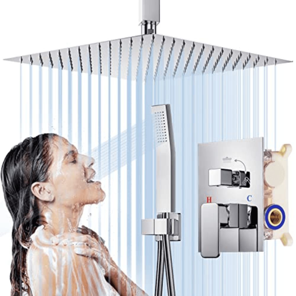 1Set Shower System, Ceiling Mount 12 Inches Rainfall Shower Head, Mixer Shower Combo Set, Bathroom Shower Faucet Set With Handheld Spray, High Pressure Rough-in Valve Body And Trim-for Korea