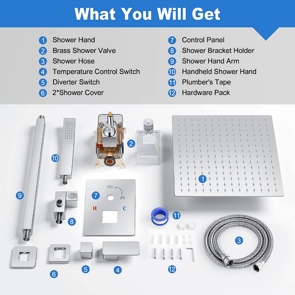 1Set Shower System, Ceiling Mount 12 Inches Rainfall Shower Head, Mixer Shower Combo Set, Bathroom Shower Faucet Set With Handheld Spray, High Pressure Rough-in Valve Body And Trim-for Korea