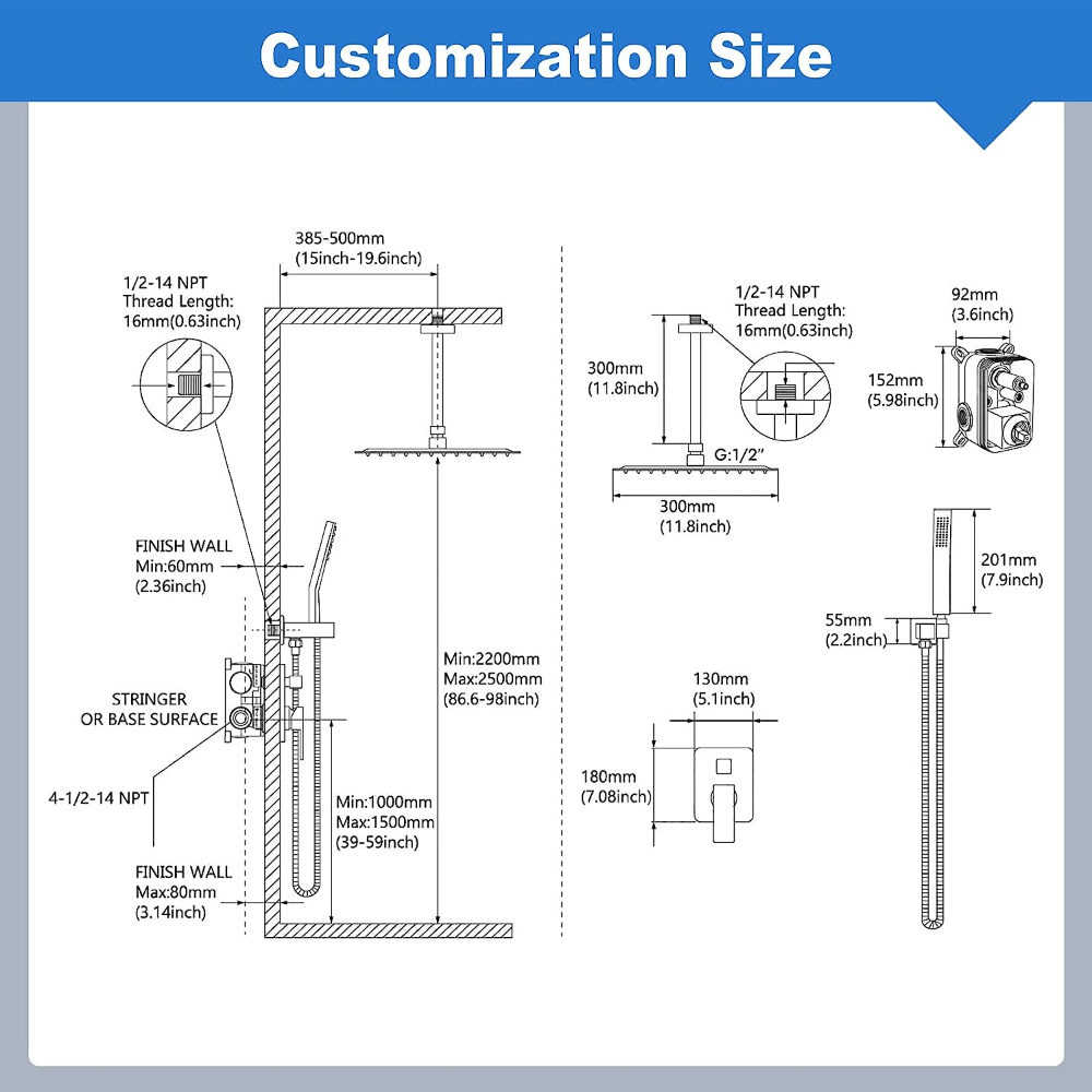 1Set Shower System, Ceiling Mount 12 Inches Rainfall Shower Head, Mixer Shower Combo Set, Bathroom Shower Faucet Set With Handheld Spray, High Pressure Rough-in Valve Body And Trim-for Korea