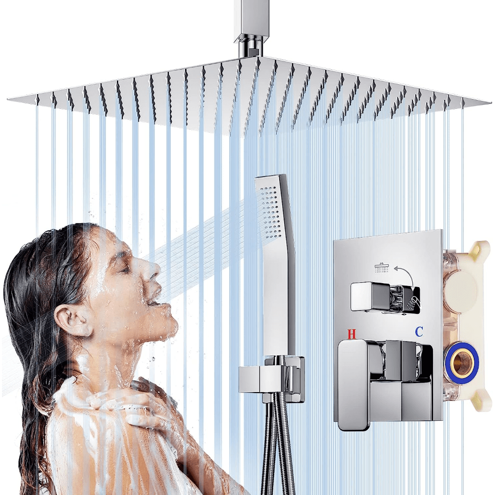 1Set Shower System, Ceiling Mount 12 Inches Rainfall Shower Head, Mixer Shower Combo Set, Bathroom Shower Faucet Set With Handheld Spray, High Pressure Rough-in Valve Body And Trim-for Korea