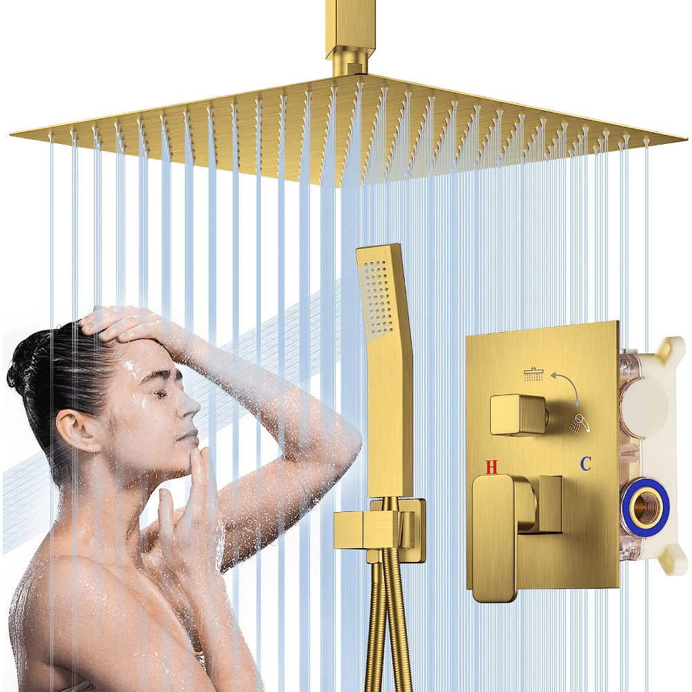 1Set Shower System, Ceiling Mount 12 Inches Rainfall Shower Head, Mixer Shower Combo Set, Bathroom Shower Faucet Set With Handheld Spray, High Pressure Rough-in Valve Body And Trim-for Korea