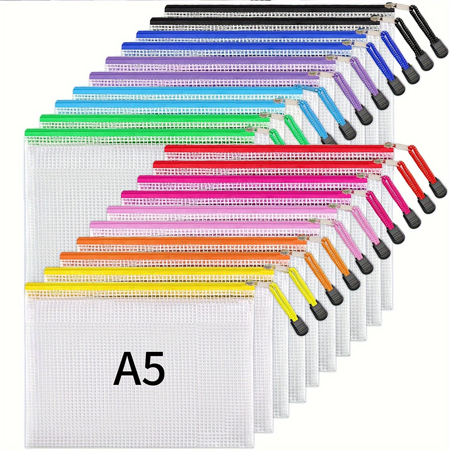 30pcs 10 Colors Zipper Mesh File Bags, 6.0 X 9.0inch\u002FA5, Plastic Waterproof File Bags For School Office Supplies, Cosmetic Travel Storage, Assorted Colors