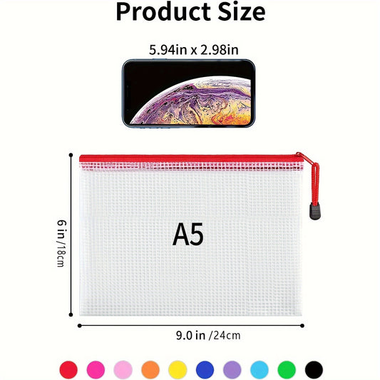 30pcs 10 Colors Zipper Mesh File Bags, 6.0 X 9.0inch\u002FA5, Plastic Waterproof File Bags For School Office Supplies, Cosmetic Travel Storage, Assorted Colors