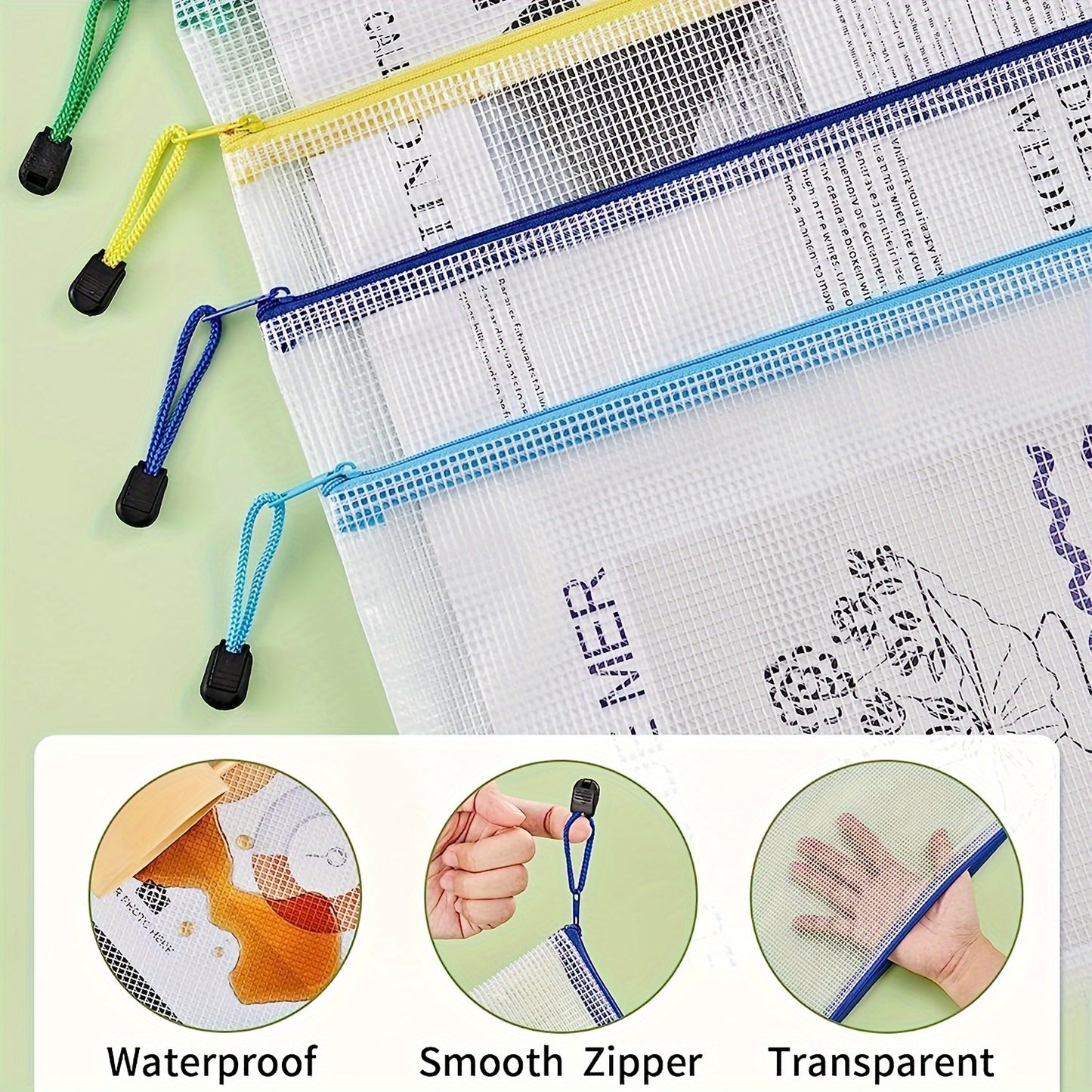 30pcs 10 Colors Zipper Mesh File Bags, 6.0 X 9.0inch\u002FA5, Plastic Waterproof File Bags For School Office Supplies, Cosmetic Travel Storage, Assorted Colors