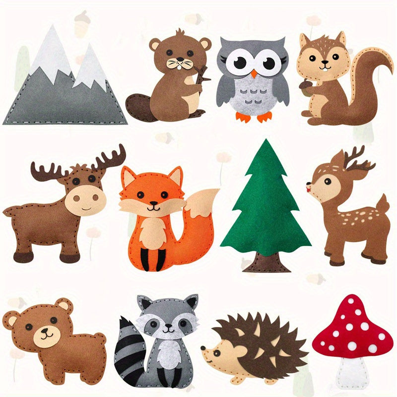 12 unids Woodland animales artesanía kit bosque criaturas DIY costura fieltro animales de peluche para principiantes educativo Costura conjunto