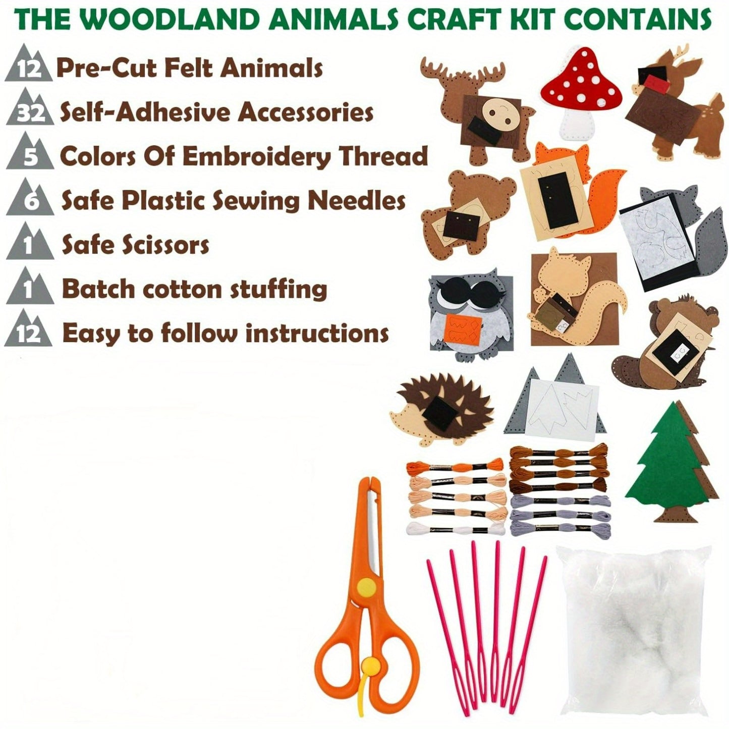 12 unids Woodland animales artesanía kit bosque criaturas DIY costura fieltro animales de peluche para principiantes educativo Costura conjunto