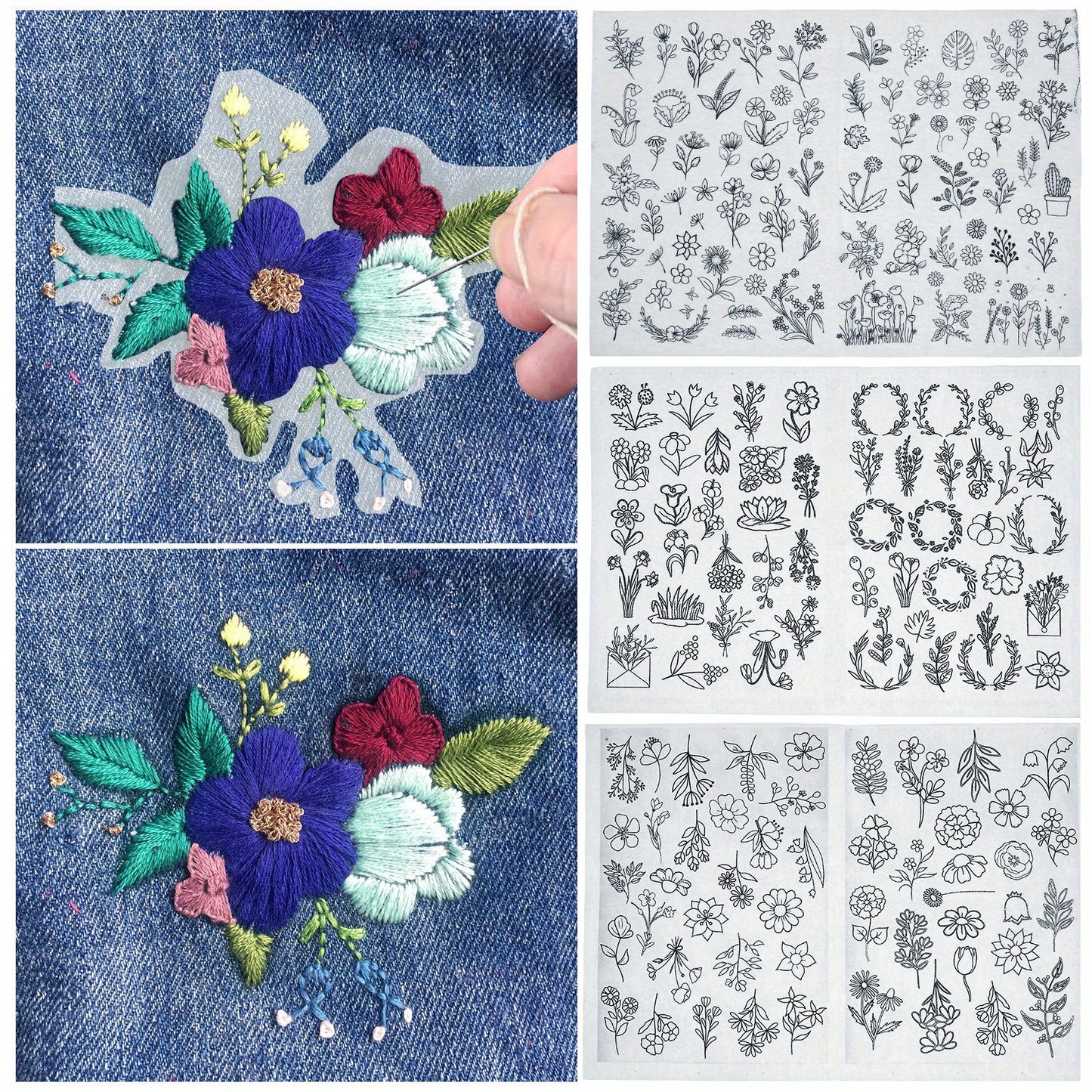 6pcs Water Soluble Embroidery Stabilizer With 172 Pre-Printed Patterns Self Adhesive Hand Sewing Stabilizer Wash Away Flower Style Stabilizer Tear Away Embroidery Stabilizers For Bag Cloth Self Adhesive Embroidery Stabilizers