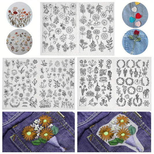 6pcs Water Soluble Embroidery Stabilizer With 172 Pre-Printed Patterns Self Adhesive Hand Sewing Stabilizer Wash Away Flower Style Stabilizer Tear Away Embroidery Stabilizers For Bag Cloth Self Adhesive Embroidery Stabilizers