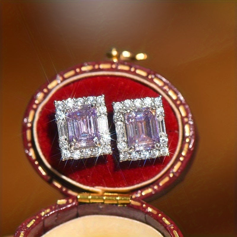 1pair 2ct Purple Moissanite Geometric Stud Earrings For Men, Elegant Wedding Banquet Party Ear Jewelry Gifts