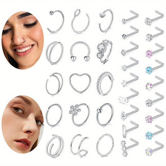 33 Pcs\u002FSet 0.71oz Stainless Steel Nose Hoop Rings For Women Nostril Piercing Jewelry L Shaped Nose Studs Screw Nose Piercing Jewelry