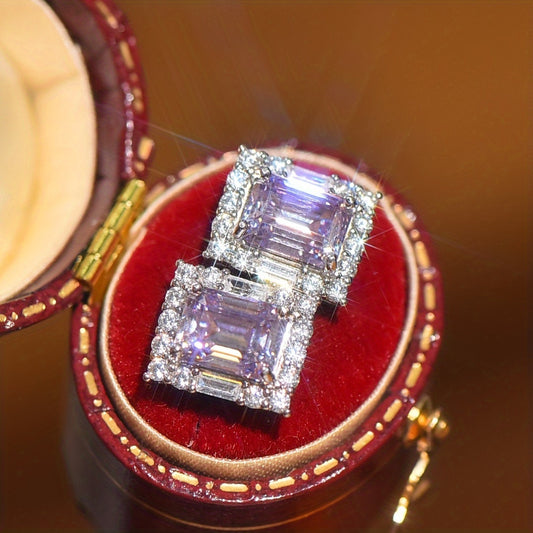 2pcs\u002Fpair 2CT Purple Moissanite Square Stud Earrings, Elegant Wedding Party Jewelry Gifts
