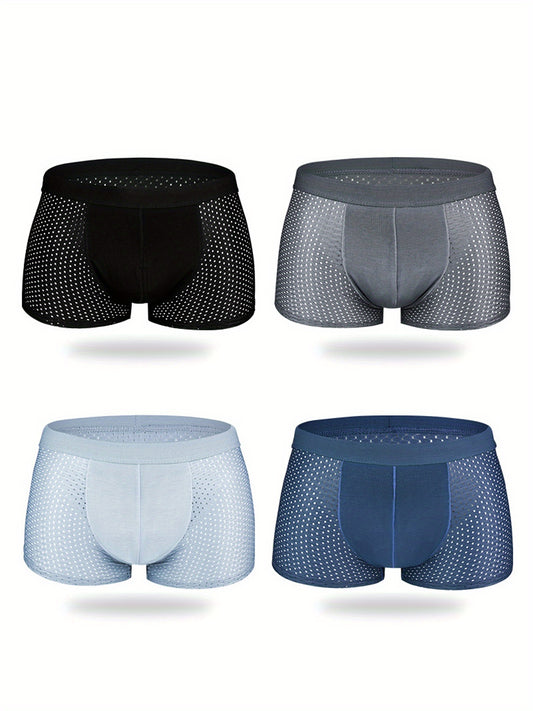 4 Pieces Men's Ice Silk Cool Boxer Briefs Shorts, Mesh Breathable Comfy Boxer Trunks, Sexy Underpants, Men's Underwear
