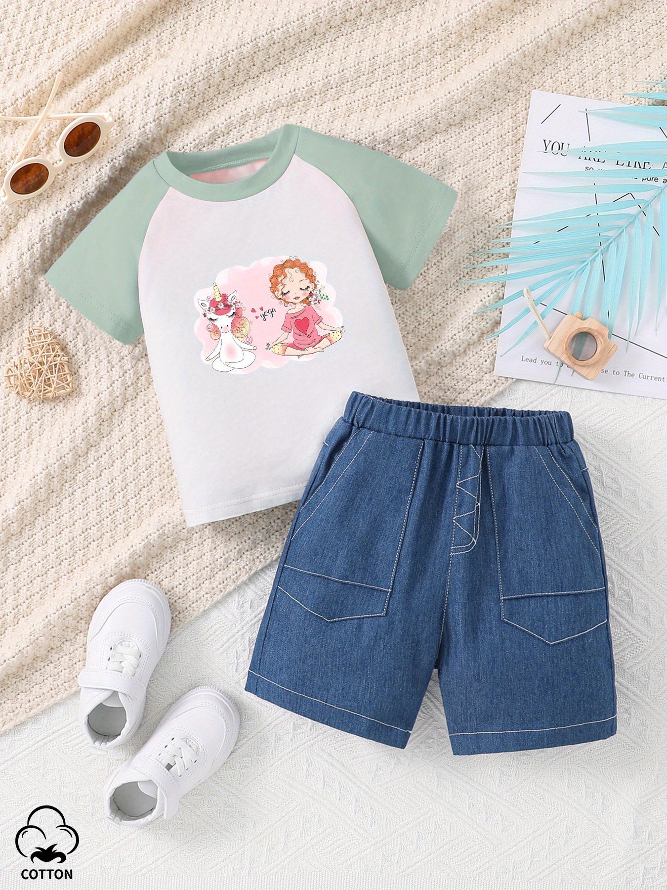 2pcs Toddler Kid Girls Cartoon Unicorn & Girl Pattern Raglan Colorblock Short Sleeve T-shirt + Denim Shorts Comfy Trendy Summer Clothing